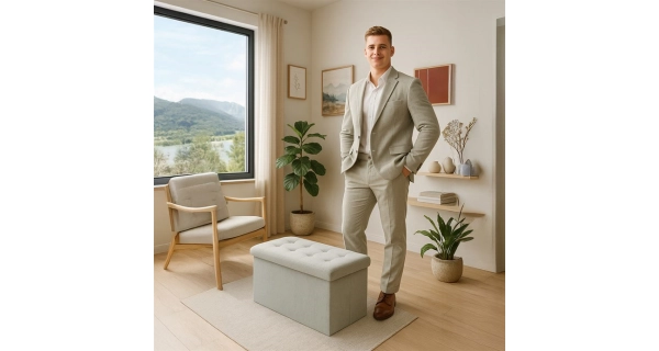 Taburet YORQUINKAL s úložným prostorem, krémová manšestrová látka