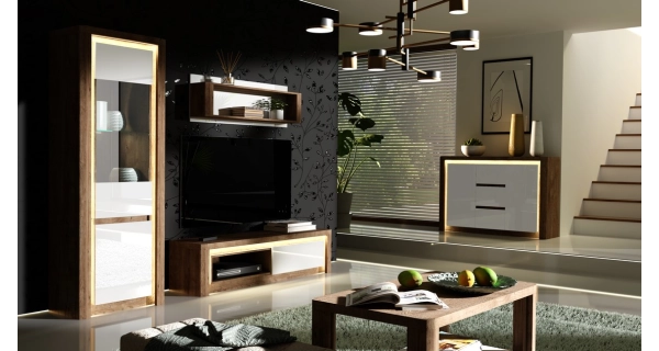 Televizní stolek FILIKA 2 s LED osvětlením, dub ribbeck/bílý lesk