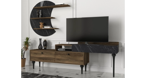 Televizní stolek HALIN s policí, vlašský ořech/marble 