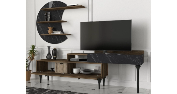 Televizní stolek HALIN s policí, vlašský ořech/marble 
