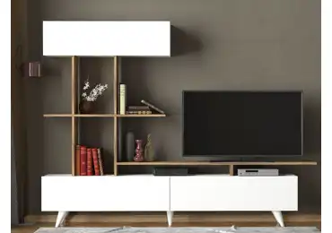 Televizní stolek HORST se skříňkou a policemi, bílá/ořech vlašský