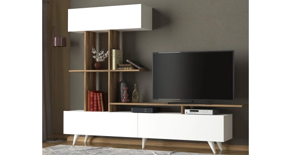 Televizní stolek HORST se skříňkou a policemi, bílá/ořech vlašský