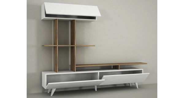 Televizní stolek HORST se skříňkou a policemi, bílá/ořech vlašský