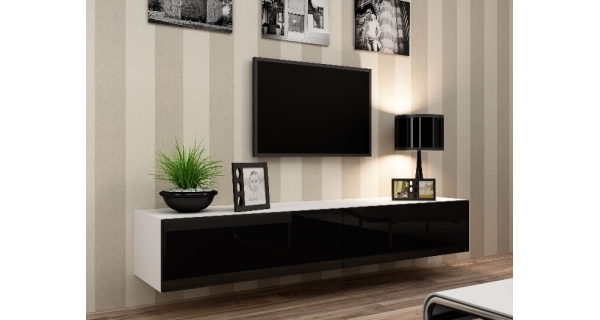 Televizní stolek KEAGEN 180 cm - plná dvířka, bílá/černý lesk