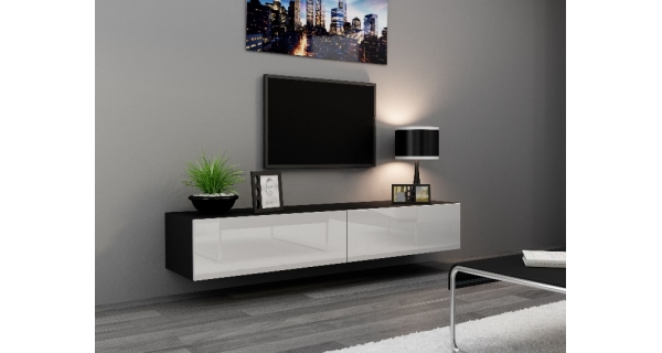 Televizní stolek KEAGEN 180 cm - plná dvířka, černá/bílý lesk