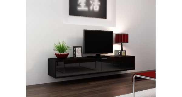 Televizní stolek KEAGEN 180 cm - plná dvířka, černá/černý lesk