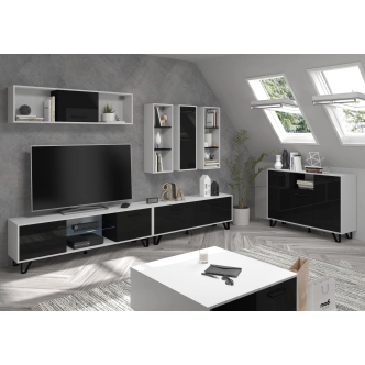 Televizní stolek PRUDHOE 140, bílá/černý lesk, 5 let záruka