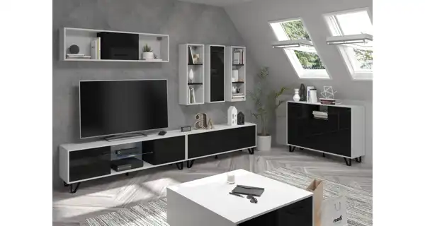 Televizní stolek PRUDHOE 140, bílá/černý lesk