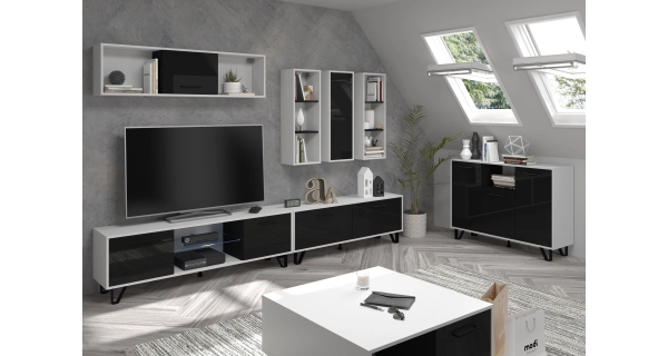 Televizní stolek PRUDHOE 160, bílá/černý lesk, 5 let záruka