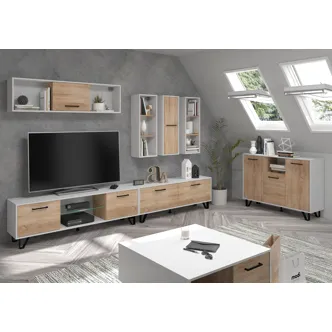 Televizní stolek PRUDHOE 160, bílá/dub sonoma, 5 let záruka