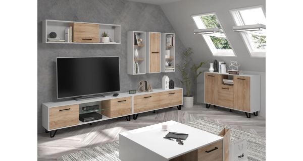 Televizní stolek PRUDHOE 160, bílá/dub sonoma, 5 let záruka