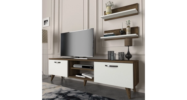 Televizní stolek s policemi GALAGO, vlašský ořech/bílá