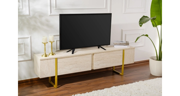 Televizní stolek SOLFIR, travertin/zlatá