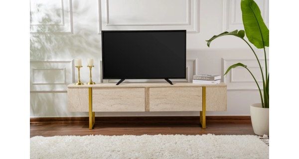 Televizní stolek SOLFIR, travertin/zlatá