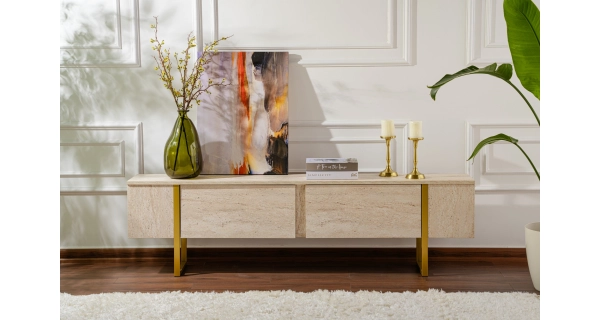 Televizní stolek SOLFIR, travertin/zlatá