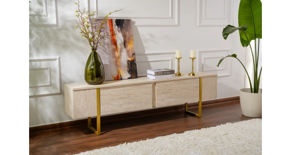 Televizní stolek SOLFIR, travertin/zlatá