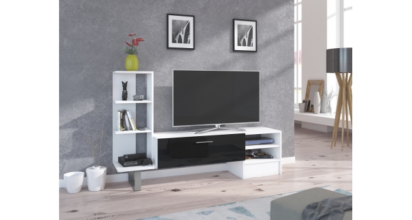 Televizní stolek VANIMO, bílá/černý lesk, 5 let záruka