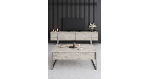 Televizní stolek WELTRIS, travertin/stříbrná