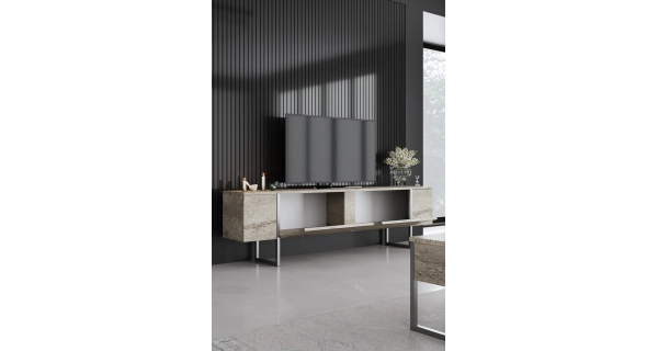 Televizní stolek WELTRIS, travertin/stříbrná