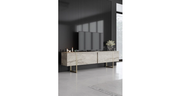 Televizní stolek WELTRIS, travertin/zlatá