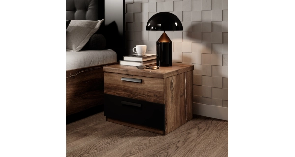 THANE noční stolek, dub flagstaff s měďenou nitkou/černý supermat