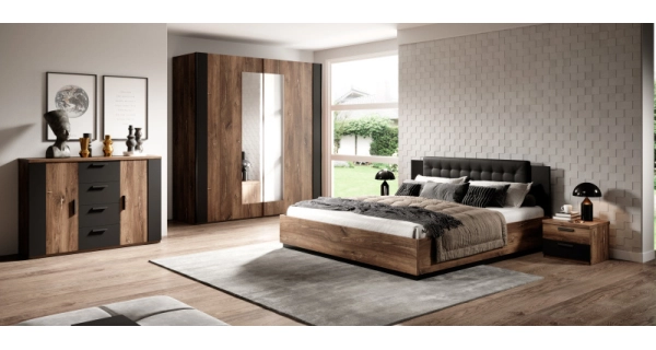 THANE postel 180x200 cm, dub flagstaff s měďenou nitkou/černý supermat