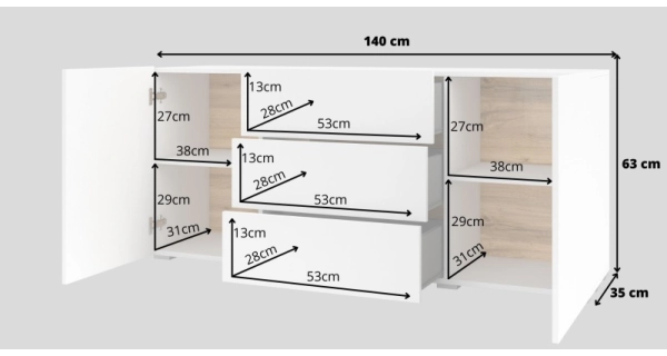 UDREN komoda 2D3S, bílá/dub wotan