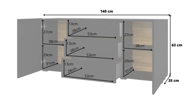 UDREN komoda 2D3S, černá/dub wotan