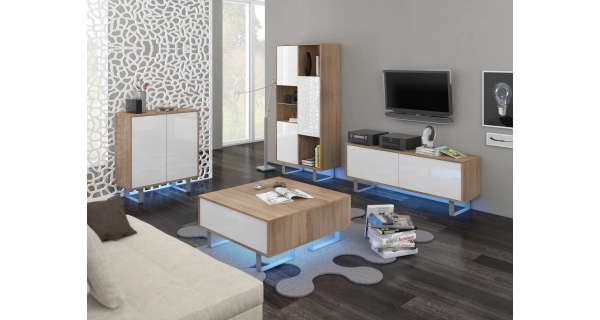 Vitrína BOKARO 5, dub sonoma/bílý lesk, 5 let záruka