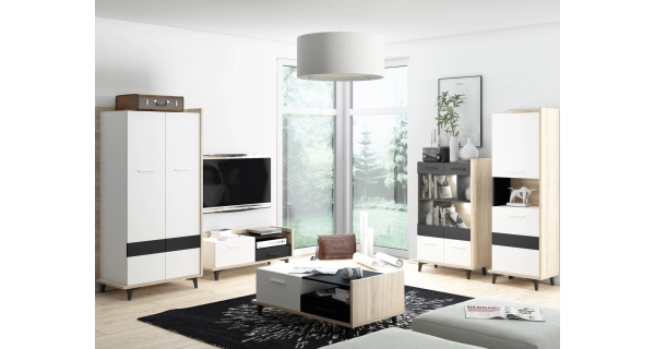 Vitrína KNUT 2D, dub sonoma/bílá/černá, 5 let záruka