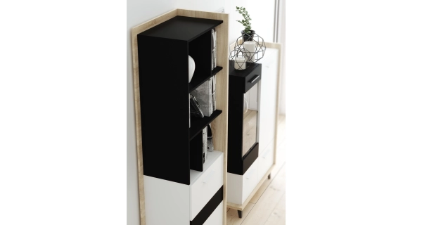 Vitrína KNUT 3D, dub sonoma/bílá/černá, 5 let záruk