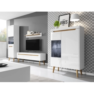 Vitrína MUTILLA, bílá/bílý lesk/dub riviera 