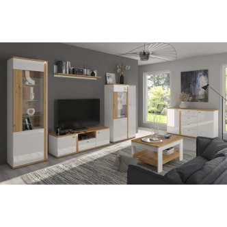 Vitrína PERPIDA 2D, alpská bílá/dub artisan/bílý lesk