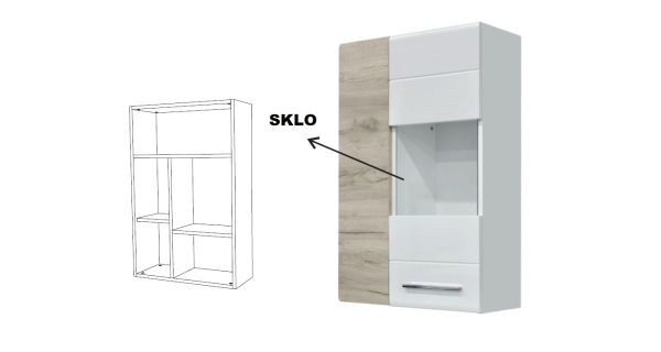 Vitrína SHARPEI, dub šedý/bílý lesk