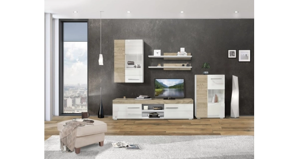 Vitrína SHARPEI, dub šedý/bílý lesk