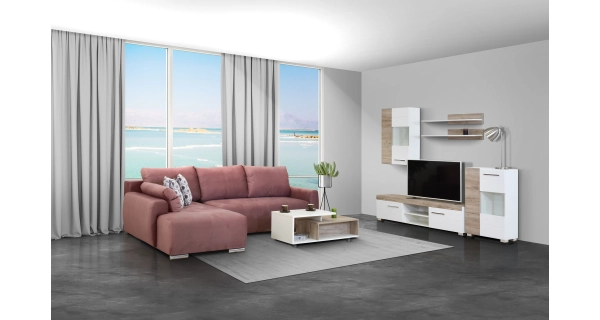 Vitrína SHARPEI, dub šedý/bílý lesk