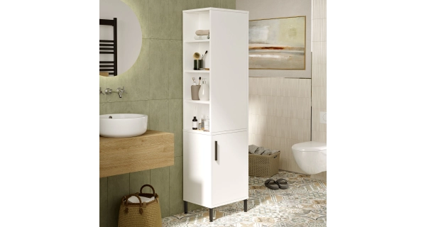 Vysoká koupelnová skříňka FENTORA s bočními policemi, bílá