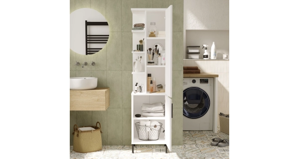 Vysoká koupelnová skříňka FENTORA s bočními policemi, bílá