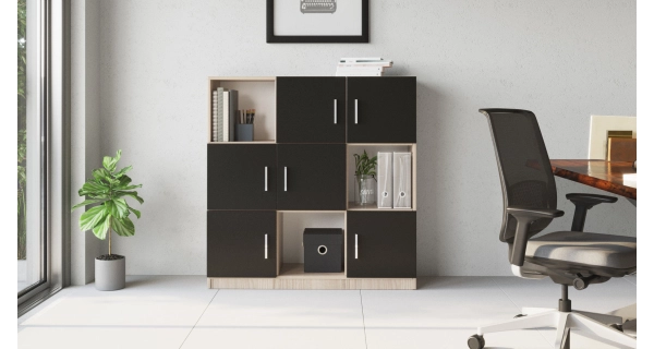 Vysoká skříňka HELGAR, dub/černá