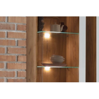 Vysoká vitrína ANTIOPE 3D, dub craft zlatý/bílá alpský lesk 