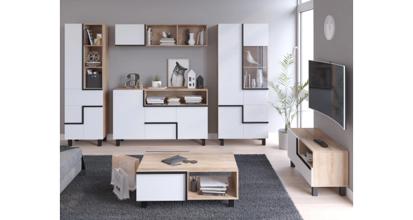 Vysoká vitrína DZENGAL 3D, dub sonoma/bílá, 5 let záruka