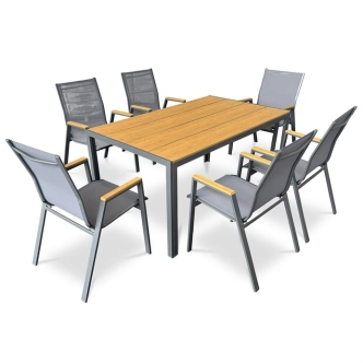 Zahradní stůl ELYORIV, dekor dub, šedá kovová konstrukce