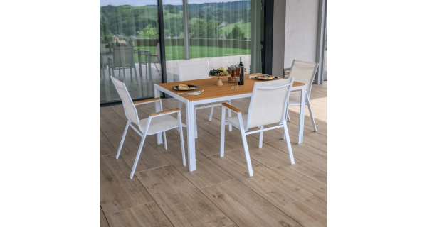 Zahradní stůl FRASCE, bílá ocel/dub