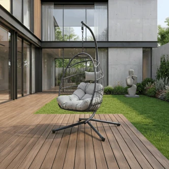 Zahradní závěsné křeslo VOLMA, umělý ratan, šedá látka