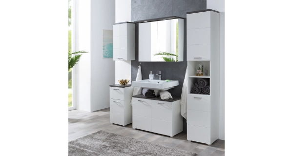 Závěsná skříňka ELZA 2D se zrcadlem a osvětlením, bílá/beton