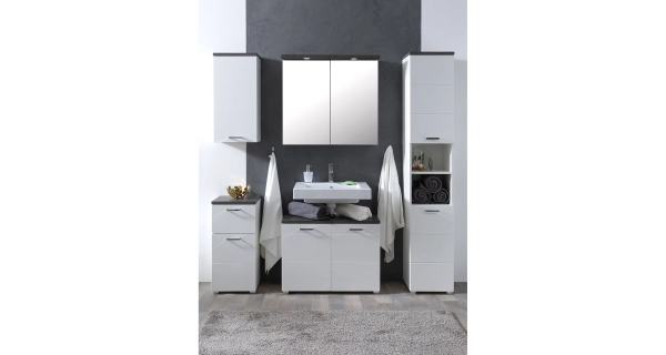 Závěsná skříňka ELZA 2D se zrcadlem a osvětlením, bílá/beton