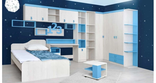 Závěsná skříňka nad postel STUKIN, dub bílý/modrá