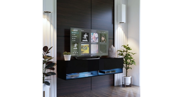 Závěsný televizní stolek ANTOFALLA 175, černý/černý lesk DOPRODEJ 